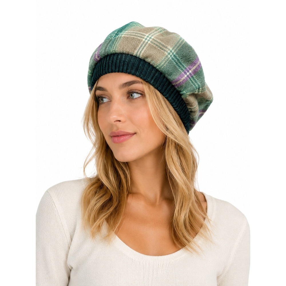Lochcarron of Scotland Bracken Tartan 100% Lambswool Beret Tam Hat Green NWT New